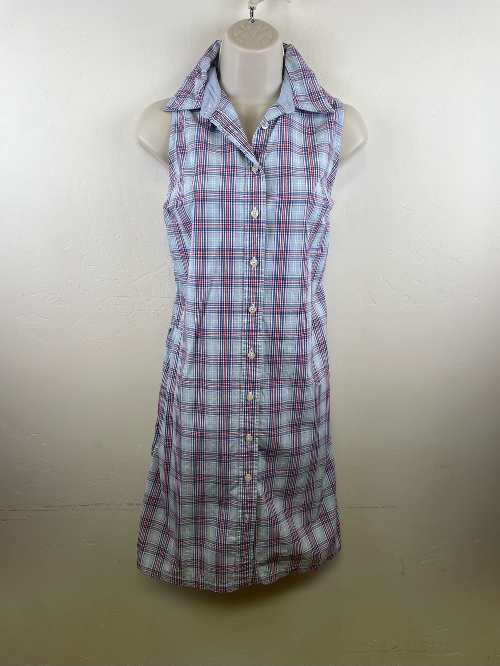 Tommy Hilfiger Sleeveless Plaid Button-Down shirt Dress in red  white & Blue